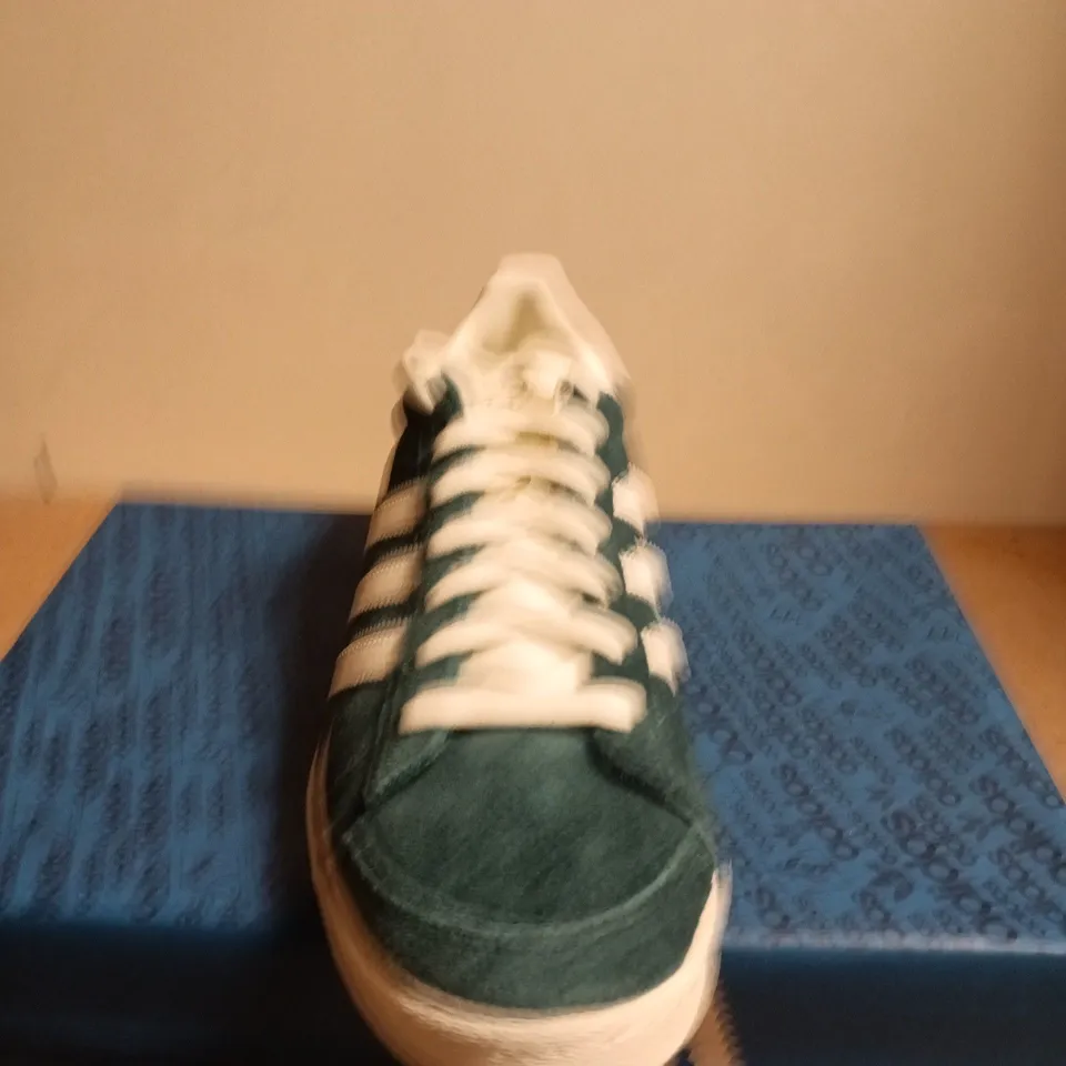 BOXED PART OF ADIDAS JABBAR LO GREEN SUEDE TRAINERS – UK 9.5