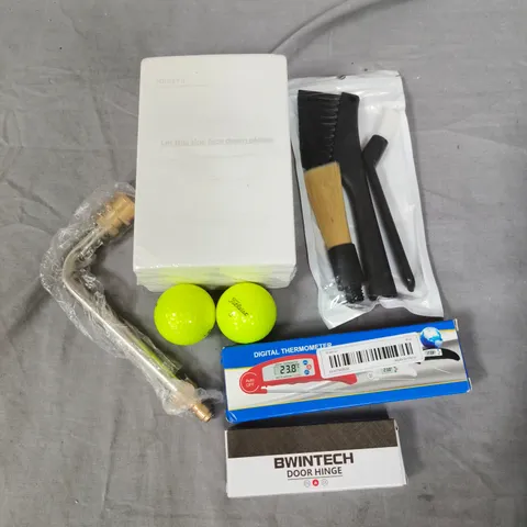 APPROXIMATELY 20 ASSORTED HOUSEHOLD PRODUCTS TO INCLUDE DIGITAL THERMOMETER, GOLF BALLS, DOOR HINGE ETC 