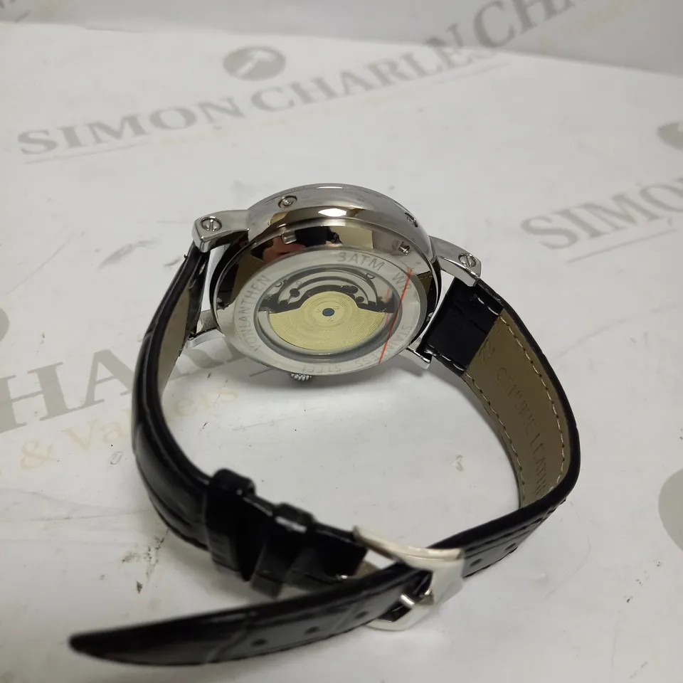 MENS VONLANTHEN AUTOMATIC WATCH – DATE YEAR SUB DIAL COMPLICATIONS – OPEN HEART MOVEMENT – GLASS EXHIBITION BACKCASE – BLACK LEATHER STRAP