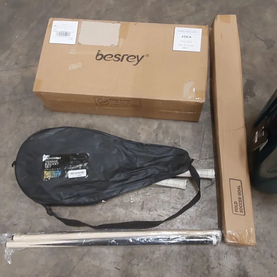 PALLET OF ASSORTED HOUSEHOLD ITEMS AND CONSUMER PRODUCTS TO INCLUDE; YETI ROADIE 24 COOLER BOX, FOLDING FOOTBALL GOAL, TENNIS RACKETS, POOL STICK PARTS ETC