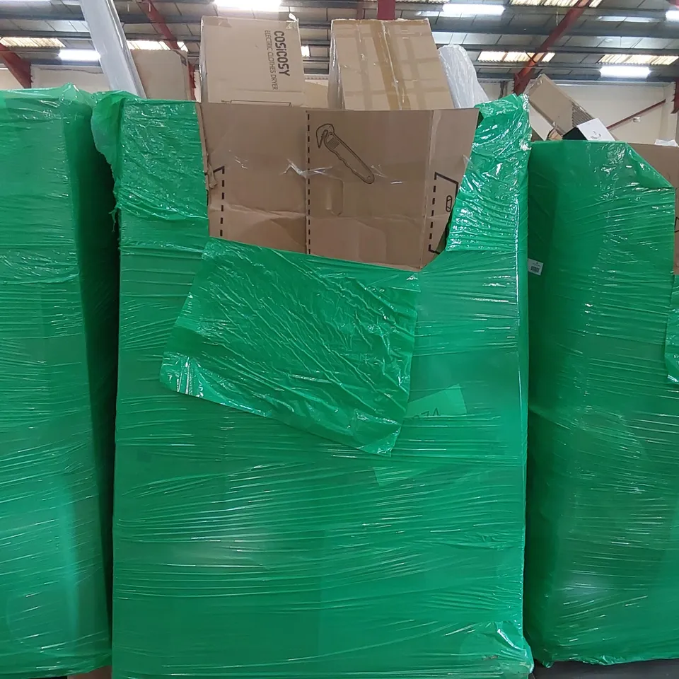 PALLET OF ASSORTED CONSUMER PRODUCTS TO INCLUDE: ELECTRIC CLOTHES DRYERS, WIRELESS SPEAKER STAND, ROLLER BLIND, PORTABLE AIR CONDITIONER PARTS ECT