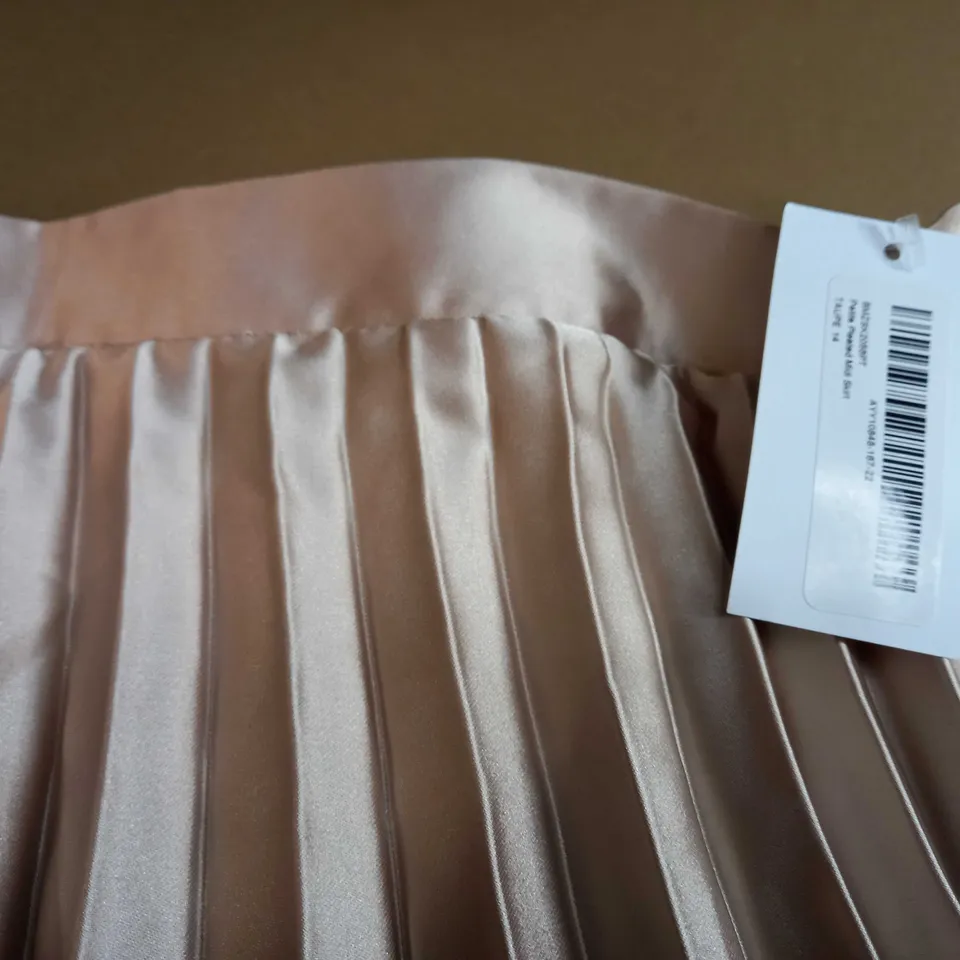WALLIS TAUPE SATIN PLEATED MIDI SKIRT - SIZE 14