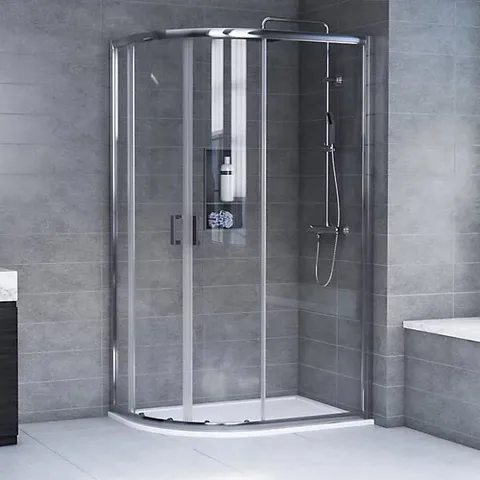 BRAND NEW BOXED AQUALUX EDGE 6 QUAD CLEAR GLASS SILVER EFFECT OFFSET QUADRANT SHOWER ENCLOSURE - DOUBLE SLIDING DOORS (W)80CM (D)100CM