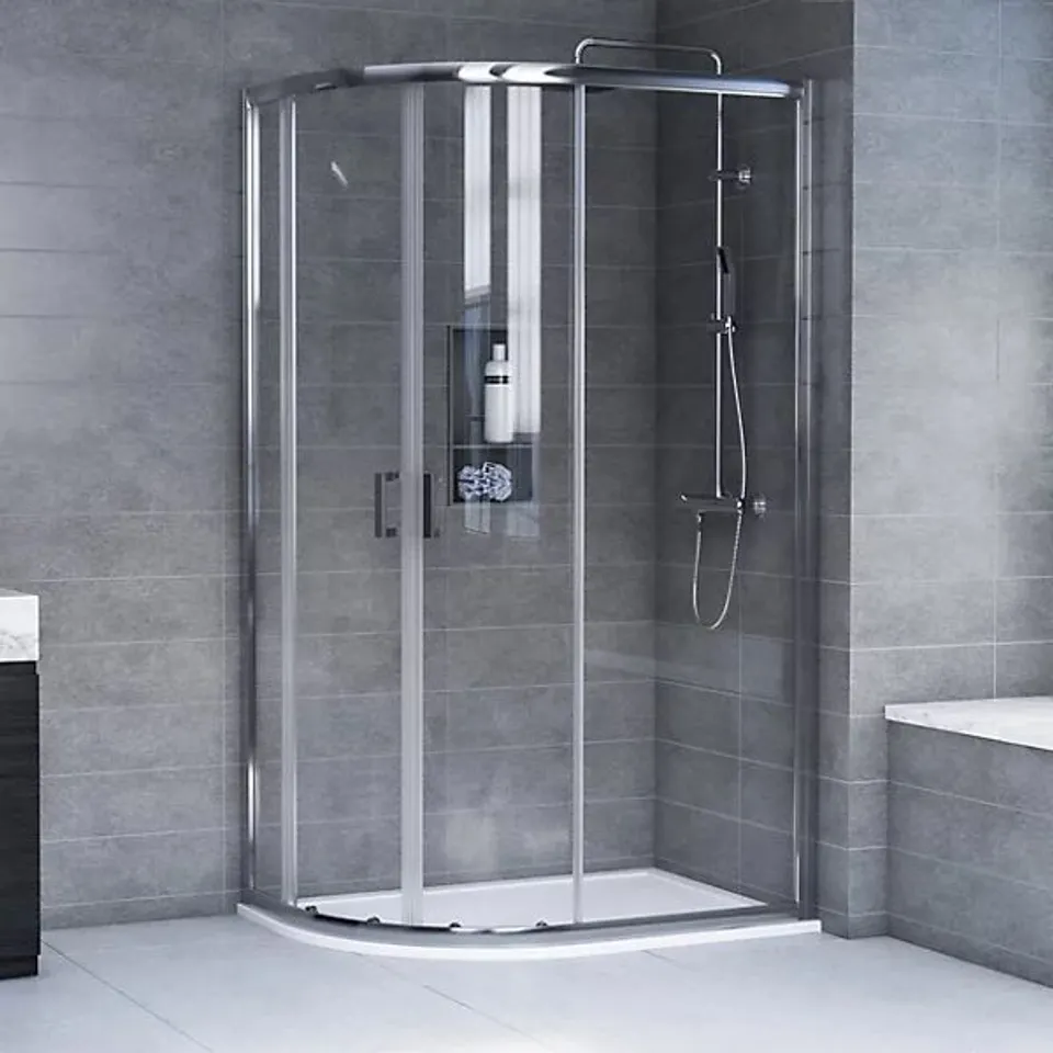 BRAND NEW BOXED AQUALUX EDGE 6 QUAD CLEAR GLASS SILVER EFFECT OFFSET QUADRANT SHOWER ENCLOSURE - DOUBLE SLIDING DOORS (W)80CM (D)100CM