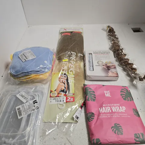 TOTE OF APPROXIMATELY 10 ASSORTED ITEMS INCLUDING BROW HAIR EXTENSION, GIVE ME MICROFIBRE HAIR WRAP AND SALON NAILS