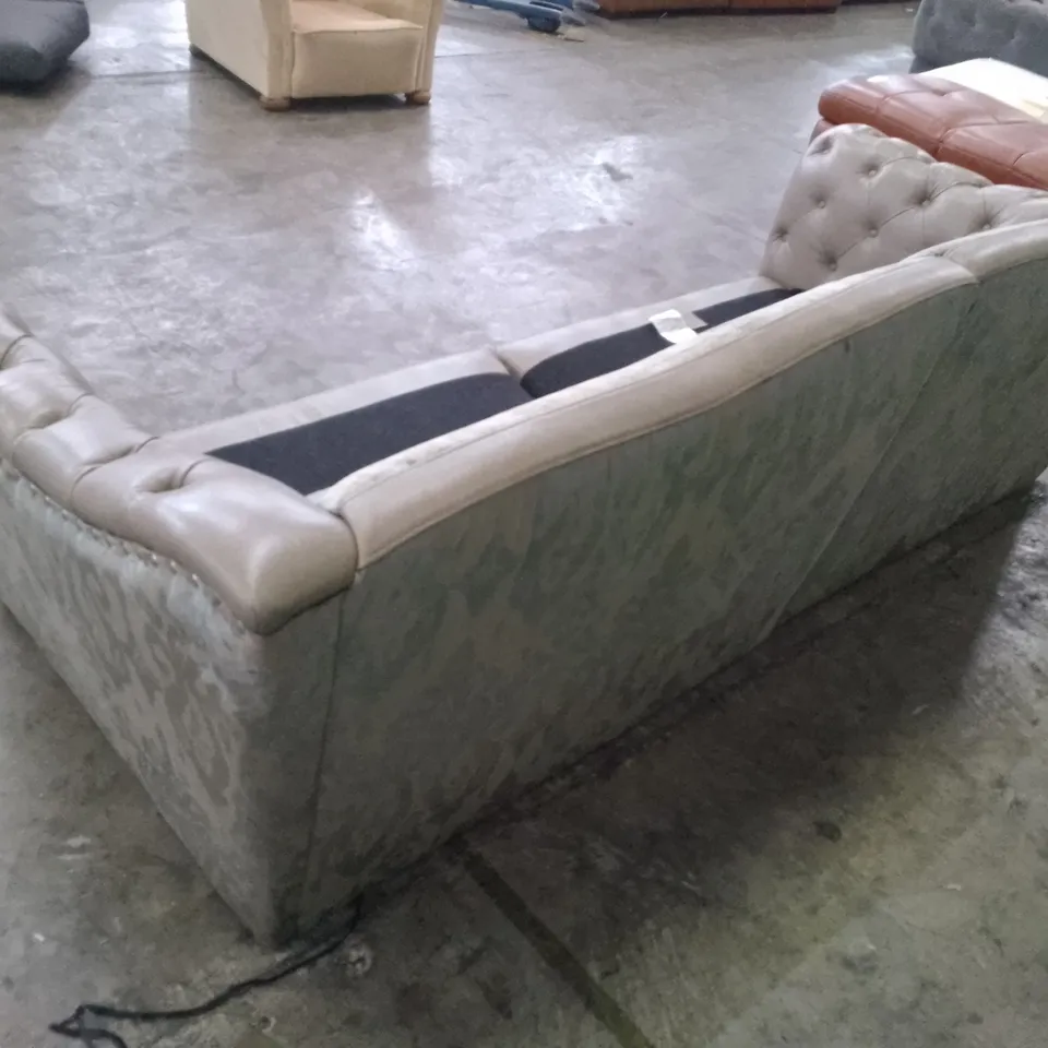 QUALITY DESIGNER 2PCS 3 SEATER SOFA - GREY LEATHER/ GREY PATTERN FABRIC 