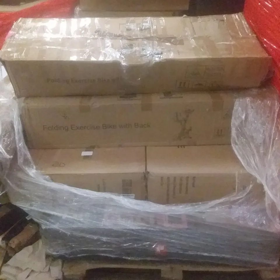 PALLET OF ASSORTED ITEMS INCLUDING FOLDING EXCERCISE BIKE WITH BACK, MASSAGE TABLE, KIDS TOY KITCHEN