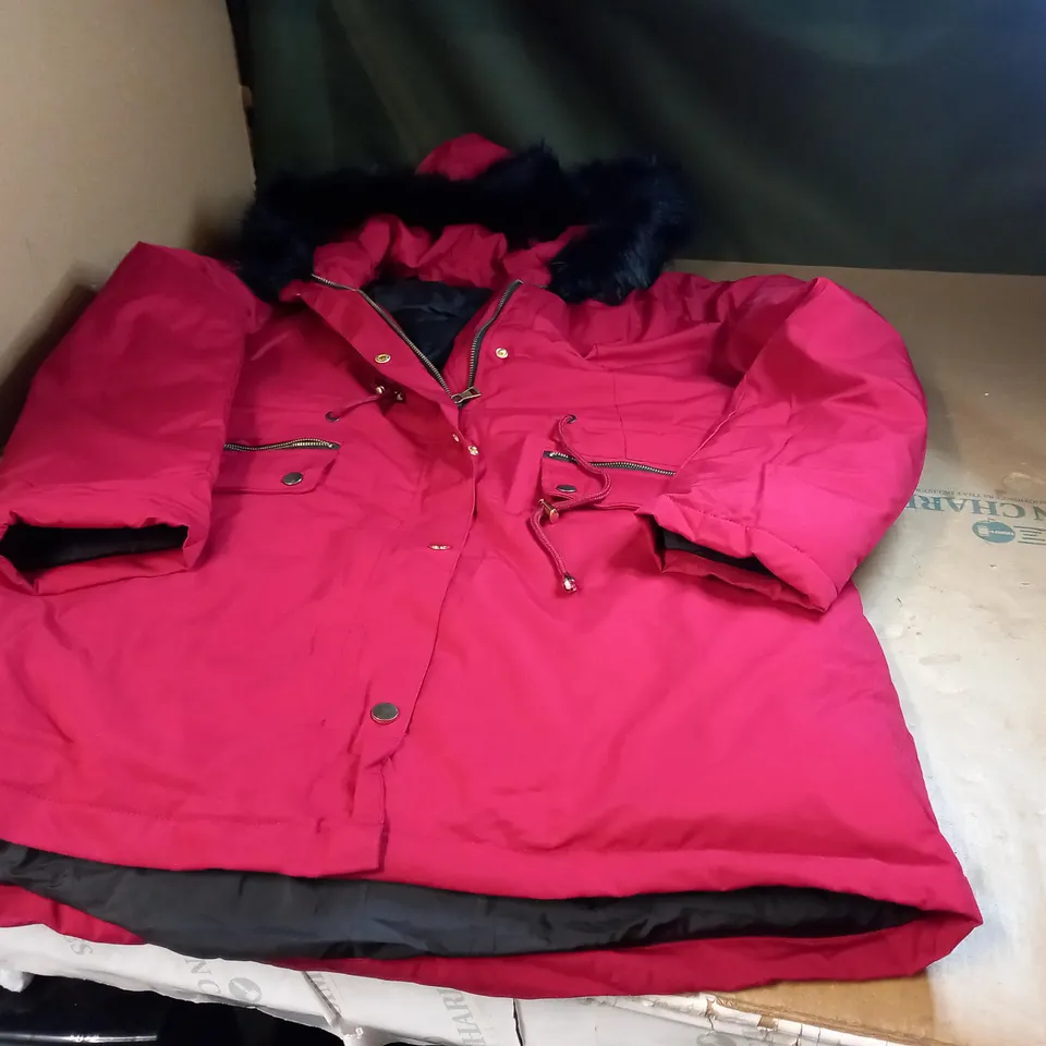 RED/BLACK ZIP UP JACKET WITH FAUX FUR TRIM ON HOOD