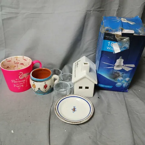 APPROXIMATELY 10 ASSORTED FRAGILE HOUSEHOLD ITEMS TO INCLUDE FLAMINGO MUG, CEILING FAN, SAUCERS, ETC - COLLECTION ONLY