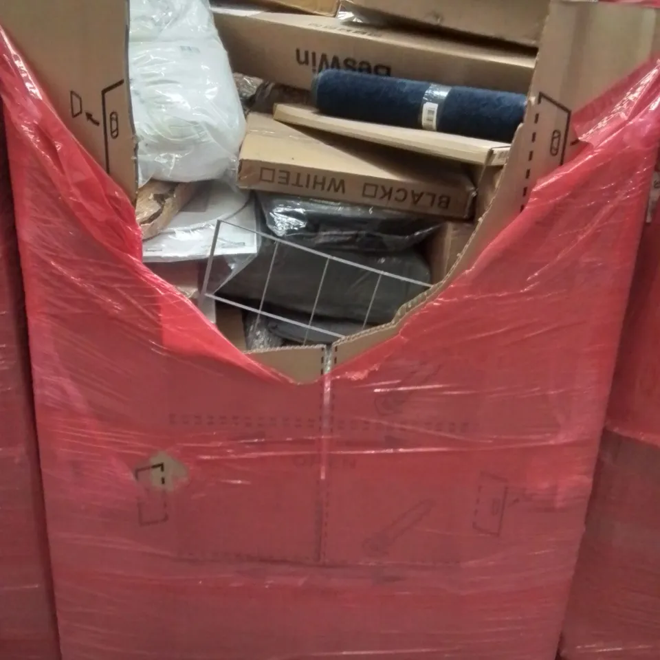 PALLET CONTAINING VARIOUS ASSORTED BOXED HOUSEHOLD ITEMS TO INCLUDE: LARGE PILLOW, THROWS, AREA RUG, CAT CLIMBING TREE AND LOTS MORE UNMARKED BOXED ITEMS 