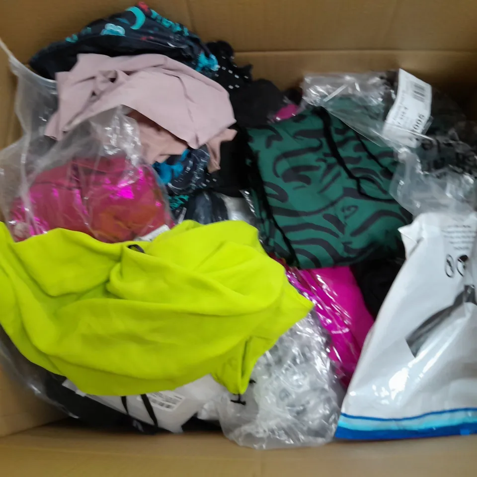 LARGE BOX OF ASSORTED CLOTHING ITEMS IN VARIOUS COLOURS AND SIZES INCLUDING TROUSERS , TOPS AND JUMPERS 