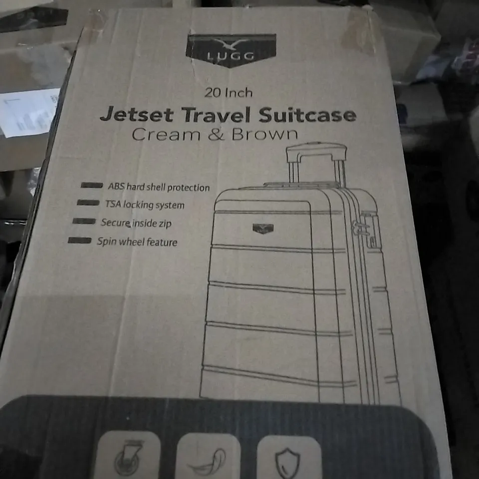 BOXED LUGG 20 INCH JET SET TRAVEL SUITCASE- CREAM & BROWN 