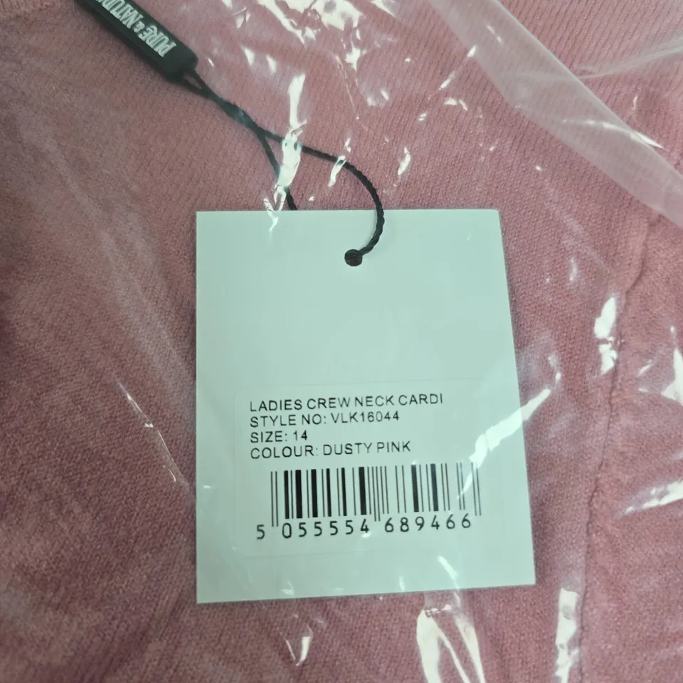 PURE & NATURAL LADIES CREW NECK CARDIGAN – DUSTY PINK, UK SIZE 14 (STYLE VLK16044)