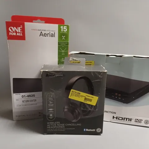 APPROXIMATELY 20 ASSORTED TECH PRODUCTS TO INCLUDE WIRELESS HEADPHONES, DVD PLAYER, HDTV INDOOR AERIAL