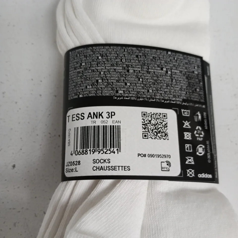 ADIDAS ANKLE SOCKS – WHITE, SIZE L, 3 PACK