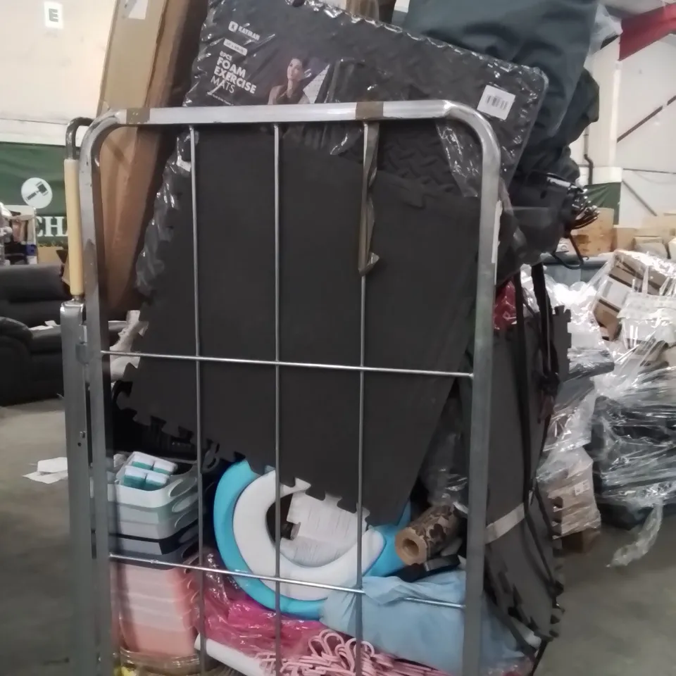 CAGE OF ASSORTED HOUSEHOLD GOODS AND PRODUCTS TO INCLUDE;FOAM EXERCISE MATS,AIR FRYER,HEATED THROW 