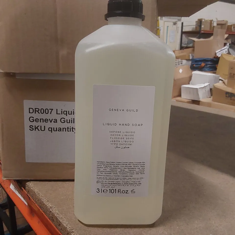 BOX CONTAINING 4x BRAND NEW GENEVA GUILD 3L LIQUID HAND SOAP BOTTLES