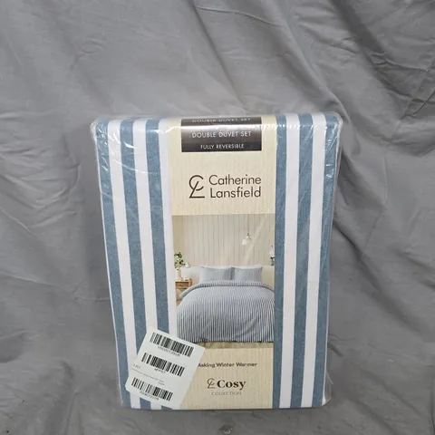 CATHERINE LANSFIELD DOUBLE DUVET SET - STRIPED BLUE, FULLY REVERSIBLE (COSY COLLECTION)