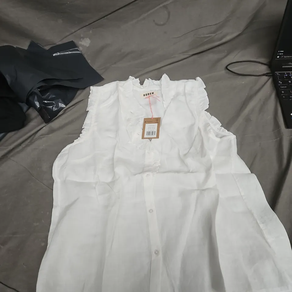 BODEN WOMEN'S WHITE BLOUSE, UK 16 (US 12) - SLEEVELESS WITH FRILL EDGES