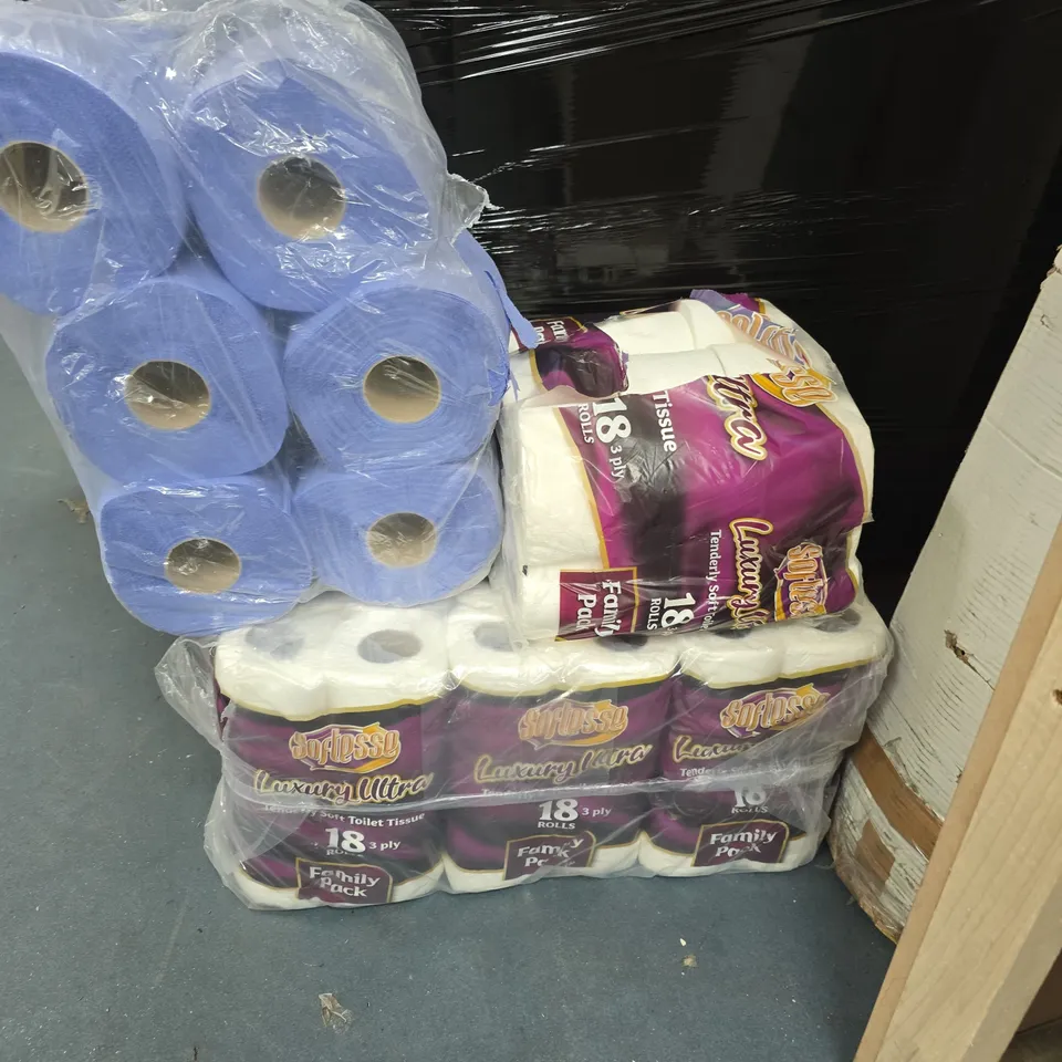 PALLET OF ASSORTED HOUSEHOLD AND CLOTHING ITEMS TO INCLUDE BRU CUP, NORTH FACE FLEECE, BUBBLE WRAP AND TOILET TISSUE MULTI-PACKS