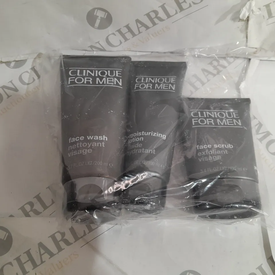 BOXED CLINIQUE FACE WASH, MOISTURISING LOTION, AND FACE SCRUB SET