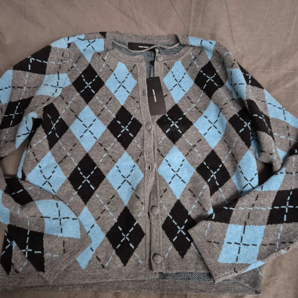 VERO MODA WOMEN'S O-NECK CARDIGAN – ARGYLE GREY/BLUE, SIZE M