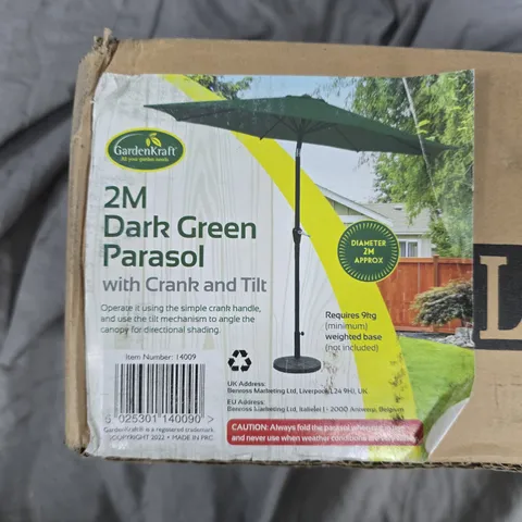 GARDENKRAFT 2M DARK GREEN PARASOL WITH CRANK & TILT, 6 RIBS