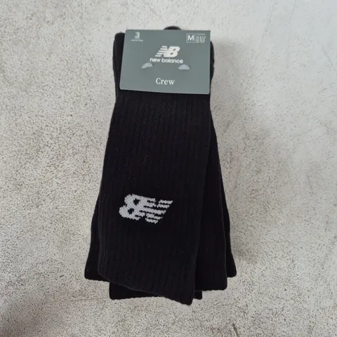NEW BALANCE CREW SOCKS 3 PACK IN BLACK - MEDIUM