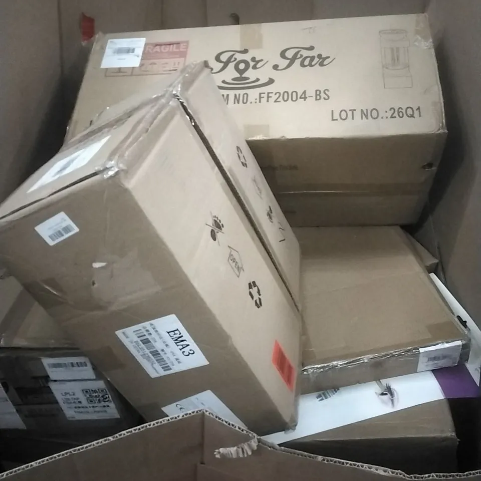 PALLET OF ASSORTED HOUSEHOLD GOODS AND PRODUCTS TO INCLUDE; CEILING FAN WITH LIGHT, DOOR MORTISE LOCK JIG, BOXED FURNITURE ETC