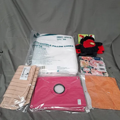 APPROXIMATELY 20 ASSORTED HOUSEHOLD PRODUCTS TO INCLUDE DISPOSABLE PILLOW CASES, FLORAL TISSUES, DOG TOY, ETC