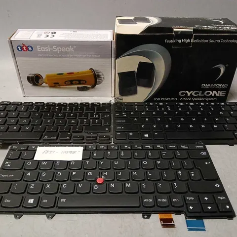 BOX OF APPROXIMATELY 10 ASSORTED ITEMS TO INCLUDE - 2 PEICE SPEAKER SYSTEM , LAPTOP KEYBOARDS , EASI SPEAK ETC