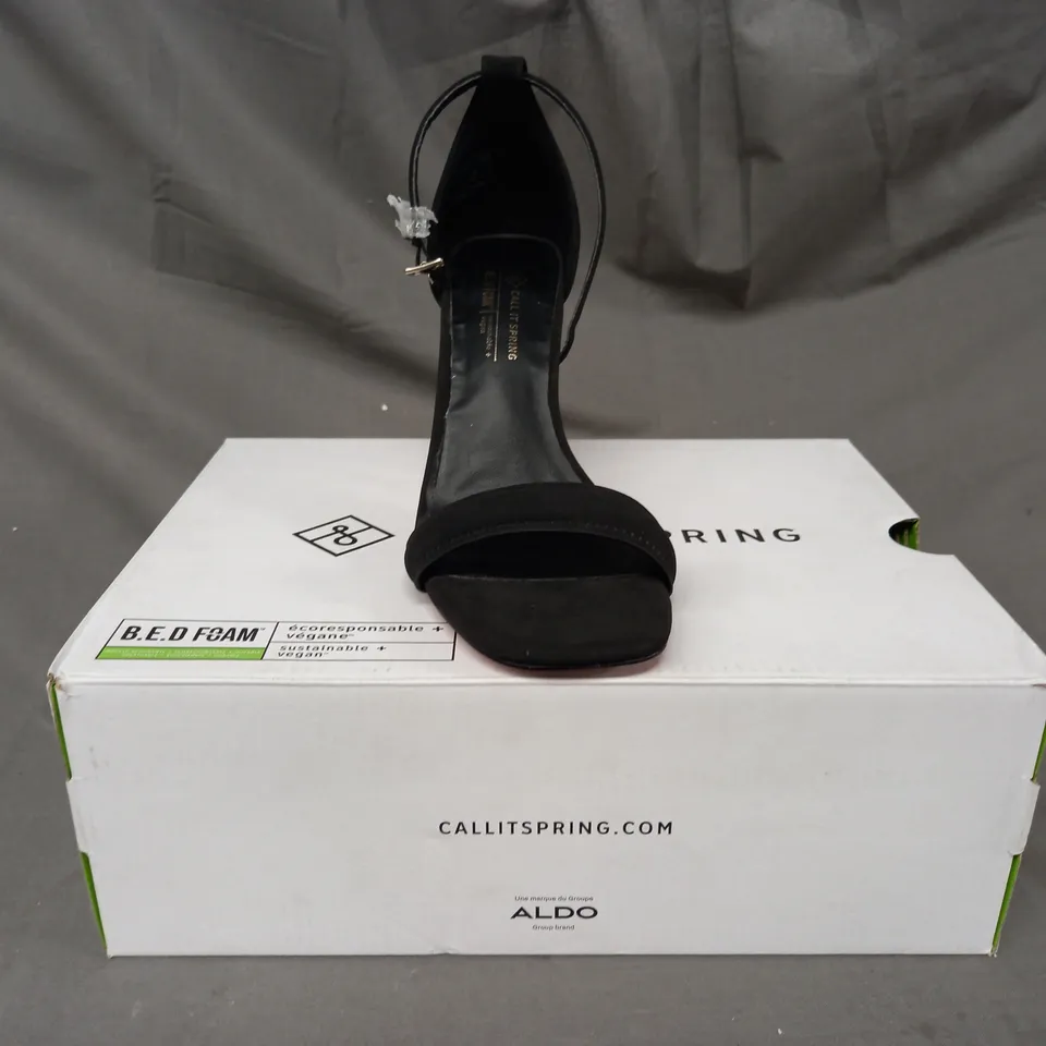 BOXED PAIR OF CALL IT SPRING KATARINA OPEN TOE BLOCK HEEL SANDALS IN BLACK UK SIZE 3