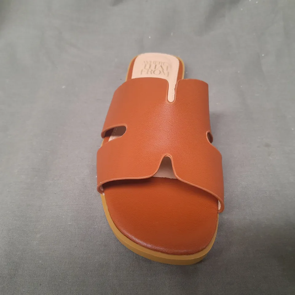 BOXED PAIR OF WHERE'S THAT FROM OPEN TOE FLAT SLIDERS IN BROWN UK SIZE 5