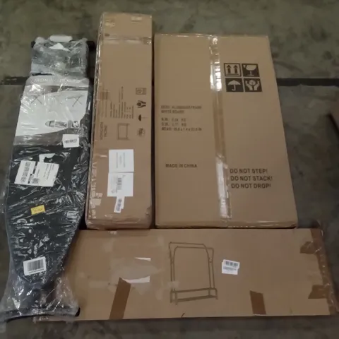 PALLET OF ASSORTED ITEMS INCLUDING ALUMINIUM FRAME WHITE BOARD, CLOTHS RACK, SKINNY SOFA TABLE, IRONING BOARD, CHRISTMAS TREE, PLUNGER
