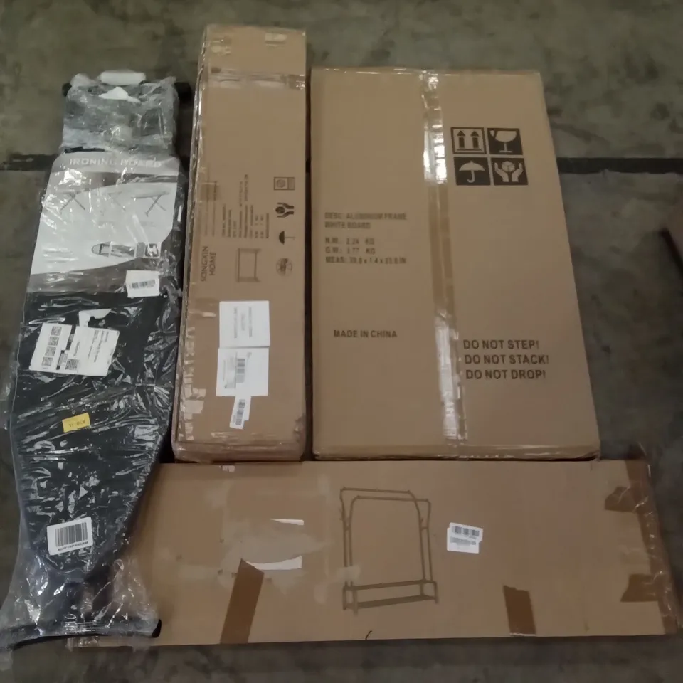 PALLET OF ASSORTED ITEMS INCLUDING ALUMINIUM FRAME WHITE BOARD, CLOTHS RACK, SKINNY SOFA TABLE, IRONING BOARD, CHRISTMAS TREE, PLUNGER 