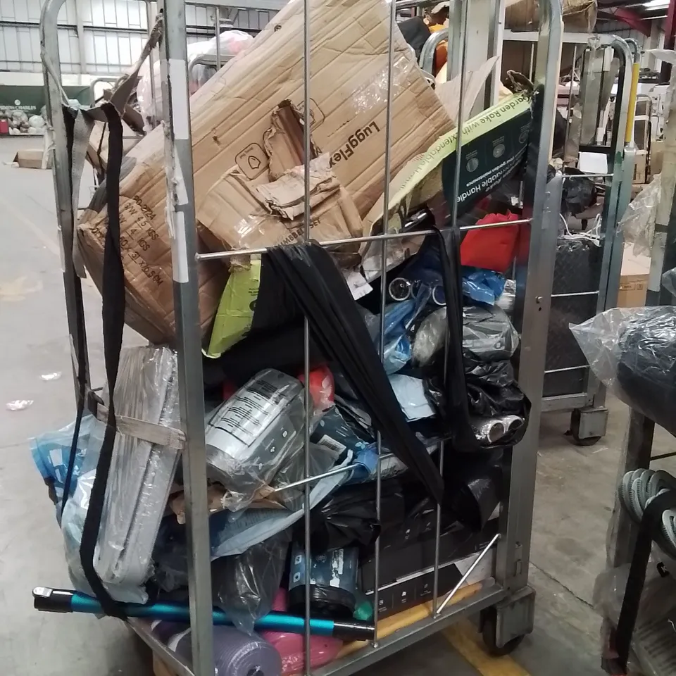 CAGE OF ASSORTED HOUSEHOLD GOODS AND PRODUCTS TO INCLUDE;SUITCASE,DUMBBELLS,YOGA MATS,NON SLIP BATHMAT 