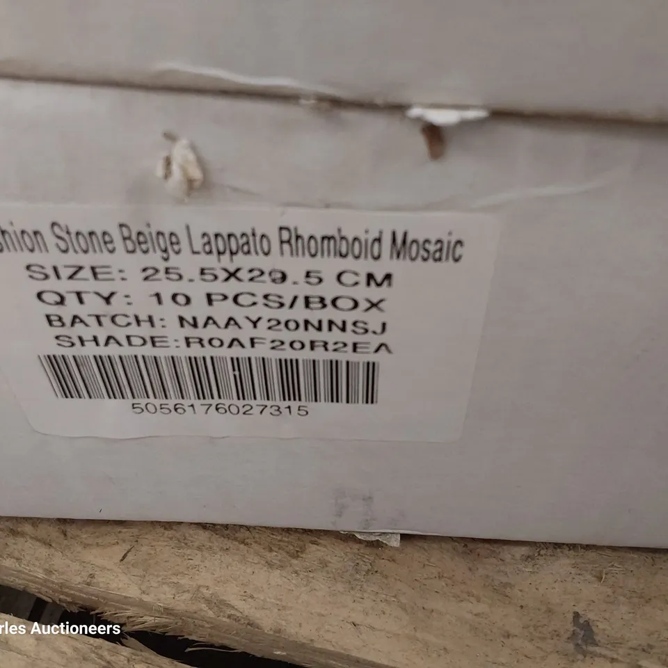 TWO BOXES EACH CONTAINING 10 FASHION STONE BEIGE LAPPATO RHOMBOID MOSAIC TILES EACH 25.5 × 29.5cm