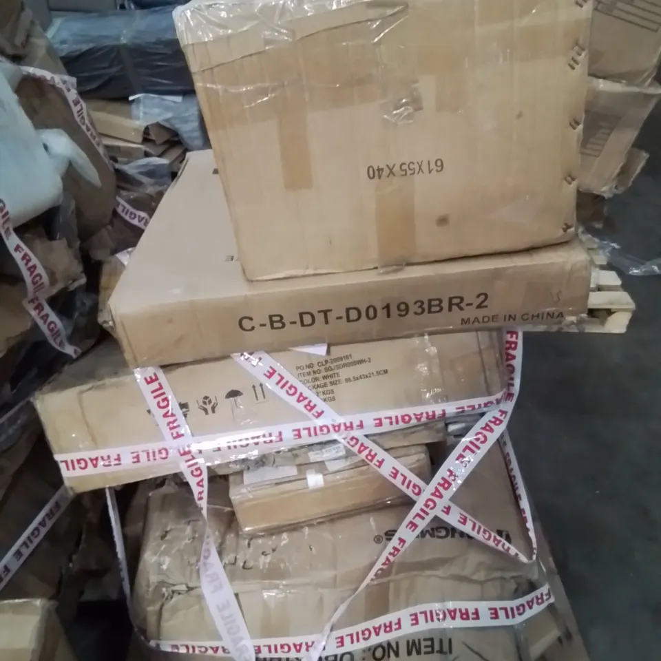 PALLET CONTAINING VARIOUS INCOMPLETE BOXED FURNITURE PARTS AND OTHER HOUSEHOLD ITEMS ETC.