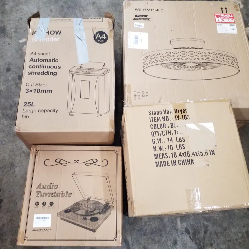 PALLET OF ASSORTED PRODUCTS INCLUDING AUDIO TURNTABLE, STAND HAIR DRYER, AUTOMATIC CONTINUOUS SHREDDING, FAN LIGHT
