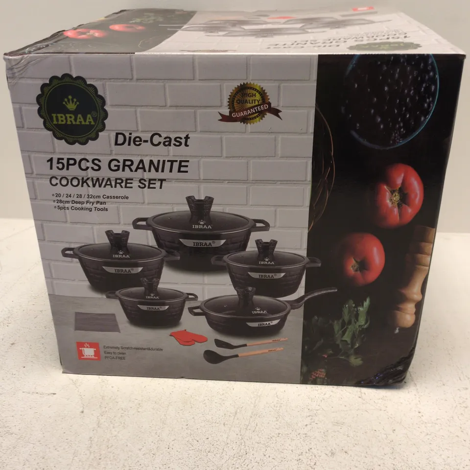 IBRAA DIE-CAST 15-PIECE GRANITE COOKWARE SET - BLACK