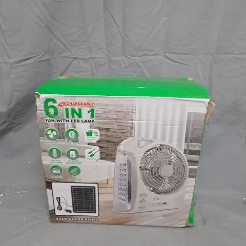 RECHARGEABLE 6-IN-1 FAN WITH LED LAMP AND SOLAR PANEL – BOXED 