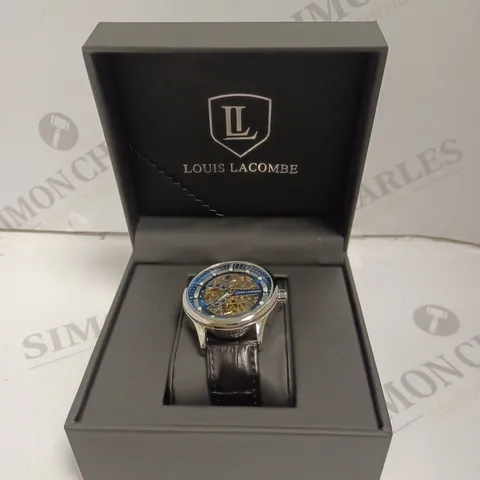 MENS LOUIS LACOMBE AUTOMATIC WATCH β SKELETON DIAL β GLASS EXHIBITION BACK CASE β LEATHER STRAP