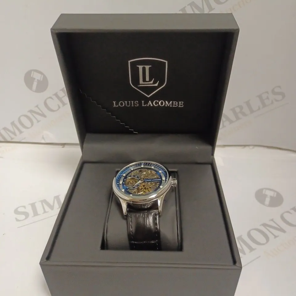 MENS LOUIS LACOMBE AUTOMATIC WATCH – SKELETON DIAL – GLASS EXHIBITION BACK CASE – LEATHER STRAP