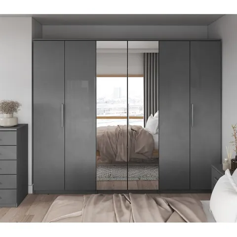 BOXED NEW PRAGUE GLOSS GREY 6 DOOR WARDROBE (4 BOXES)