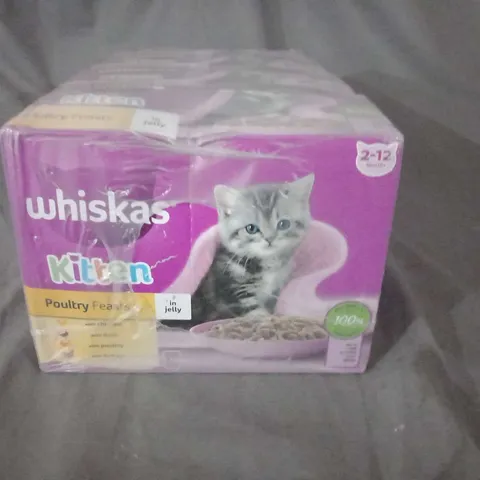 FOUR BOXES OF WHISKAS KITTEN POULTRY FEASTS IN JELLY 2-12 MONTHS 12 X 85G