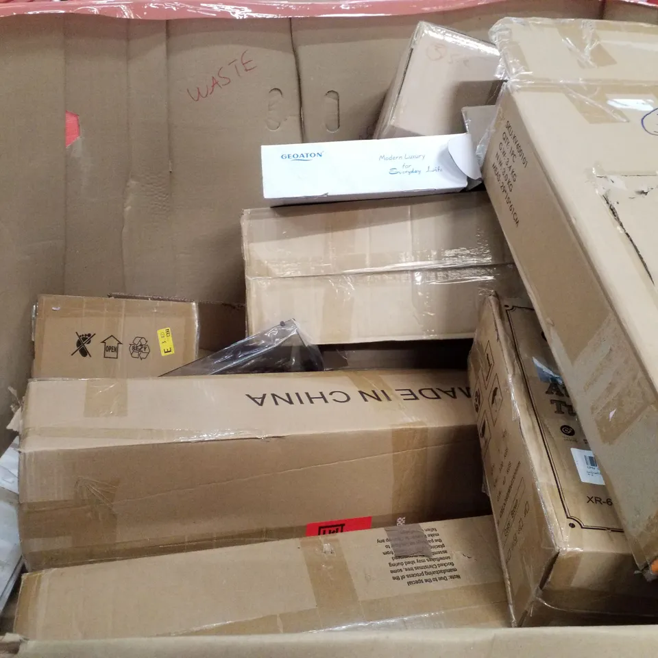 PALLET CONTAINING ASSORTED PRODUCTS INCLUDING TROLLEY CART, AUDIO TURNTABLE, TENSION ROD, STEAM CLEANER, CEILING FAN LIGHT