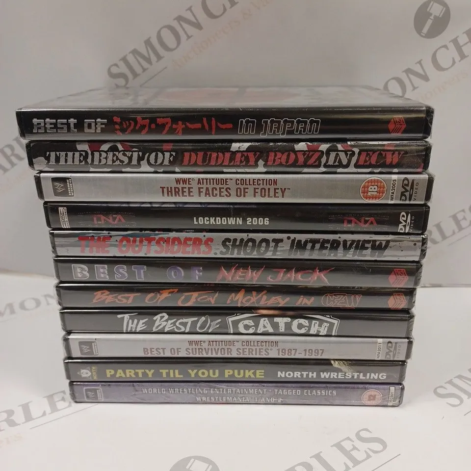 BOX OF APPROX 10 DVD'S TO INCLUDE WWE BEST OF SURVIVOR SERIES, WWE TAGGED CLASSICS WRESTLEMANIA, NORTH WRESTLING PARTY TIL YOU PUKE, ETC. 