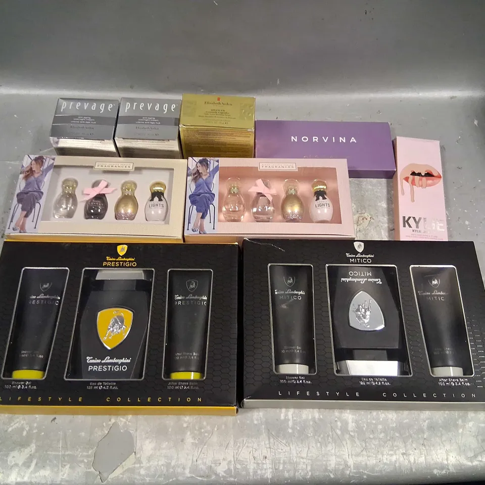 TEN ASSORTED COSMETICS PRODUCTS TO INCLUDE; KYLIE, ANASTASIA, ELIZABETH ARDEN, SARAH JESSICA PARKER AND TOMINO LAMBORGHINI