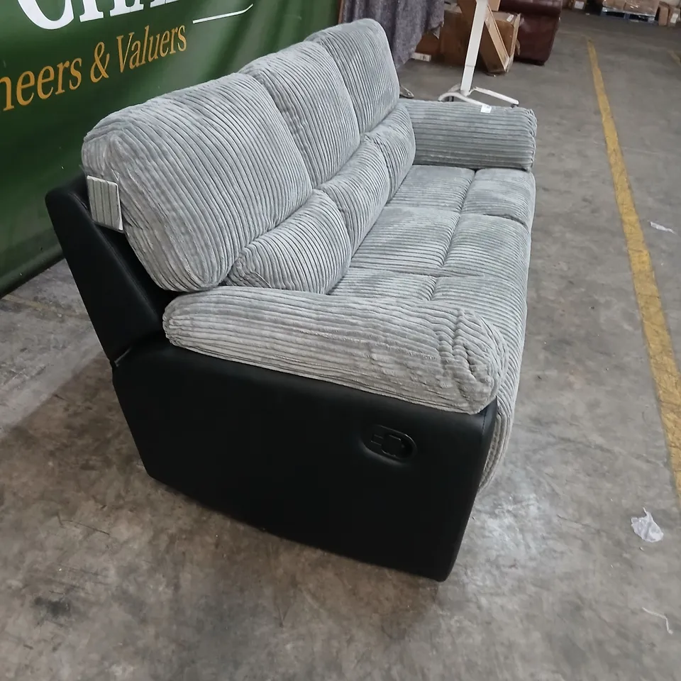 SIENNA GREY CORDUROY 3-SEATER RECLINING SOFA WITH BLACK FAUX-LEATHER ARMS