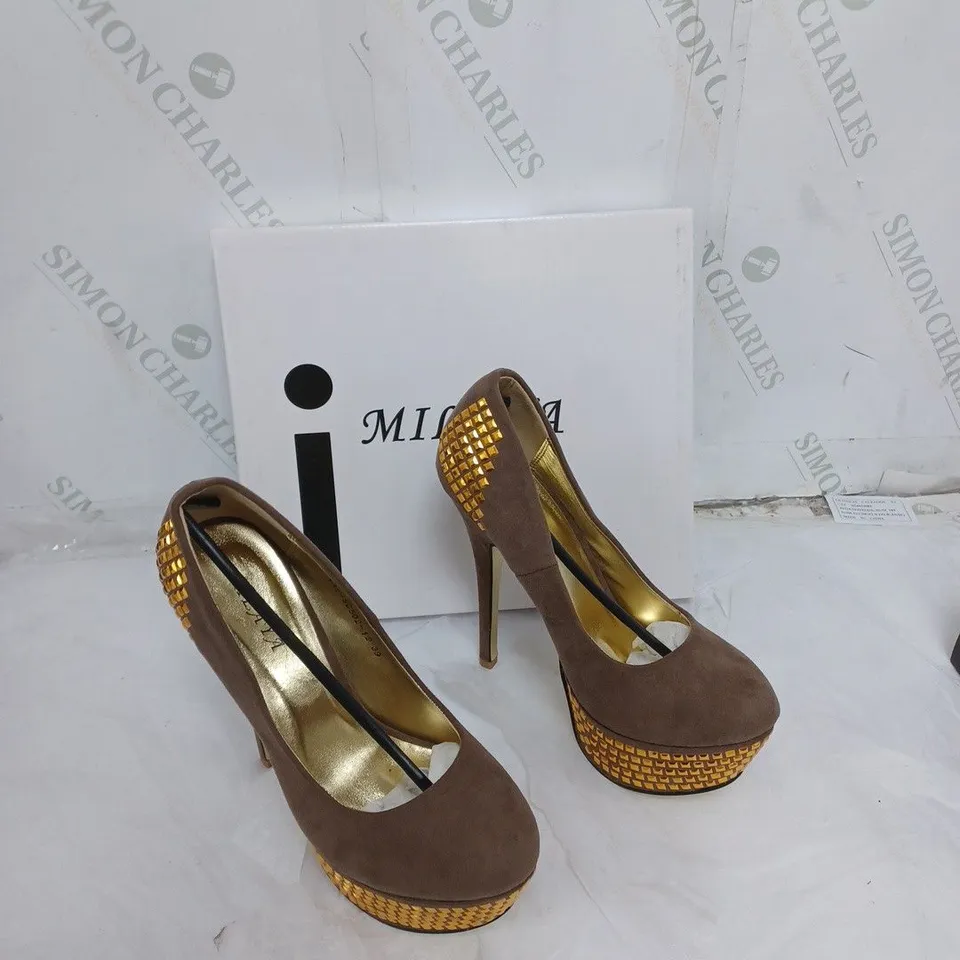 LARGE BOX OF APPROXIMATELY 10 BOXED MILAYA BROWN STILT HEELS JEWELLED IN VARIOUS SIZES 
